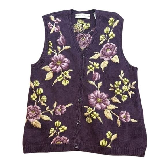 Women's Marisa Christina Deep Purple Floral Embroidered Sweater Vest Size Medium - Picture 1 of 10